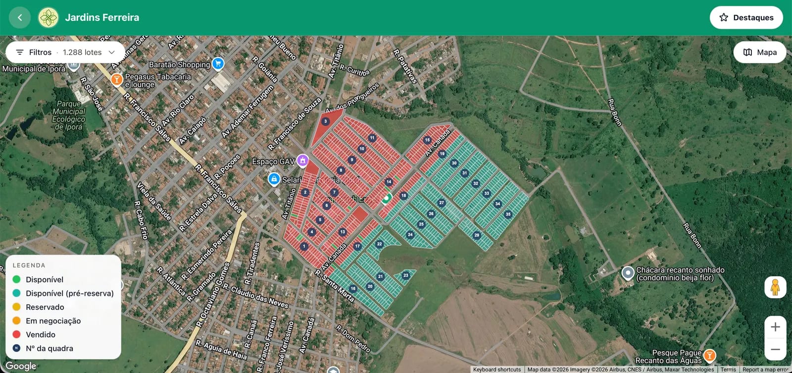 Tela desktop do Soimóveis App mostrando o mapa interativo do Jardins Ferreira com lotes coloridos por status.